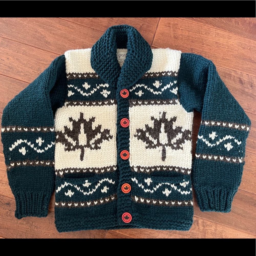 Shawl Collar Knit Cardigan Sweater - Dark Green & Cream